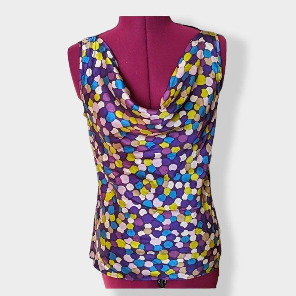Lafayette 148 Silk blouse polka dots blue purple green cowl neck sleeveless